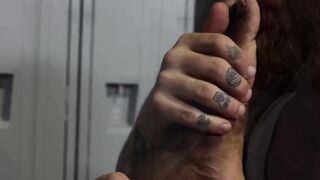 Riley tends Damien Rouxs achy black feet and foot fucks shaft
