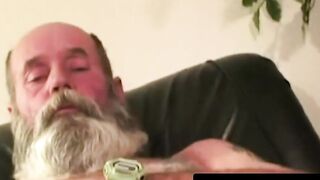 Hobo grandpa with huge beard jerks off hard
