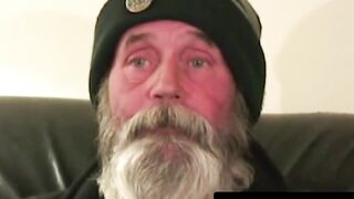 Hobo grandpa with huge beard jerks off hard