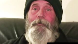 Hobo grandpa with huge beard jerks off hard