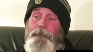 Hobo grandpa with huge beard jerks off hard