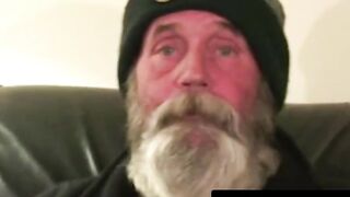 Hobo grandpa with huge beard jerks off hard