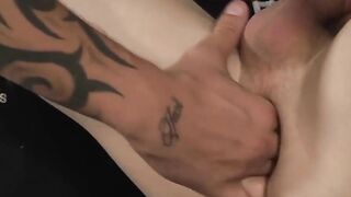 Shaved twink's cock stroked painfully until explosion