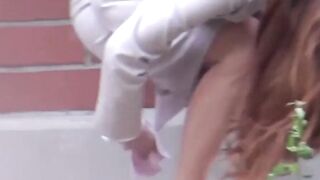 Horny voyeur eyes these women soaking their skirts with pee