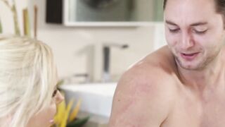 Busty stepmom Nina Elle swallows stepsons throbbing cock in the bathtub