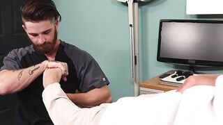 Doctor pleasures himself while the patient services his feet