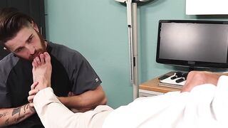 Doctor pleasures himself while the patient services his feet