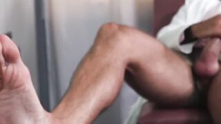 Doctor pleasures himself while the patient services his feet