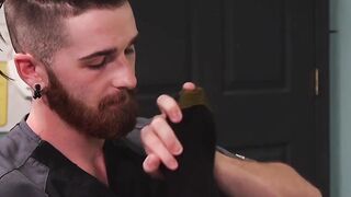 Doctor pleasures himself while the patient services his feet