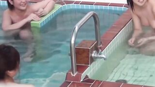 Naughty girls filmed streaming juices in a steamy bathhouse