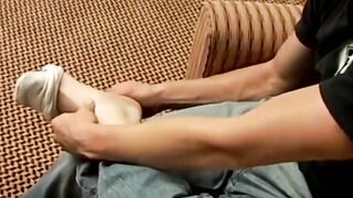 Straight hunk Levi beats meat while showing off naked soles