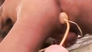 Rugged stud strokes hard with toy in his tight asshole