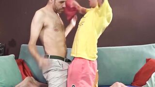 Skinny Latin twink cums while daddy drills him bareback