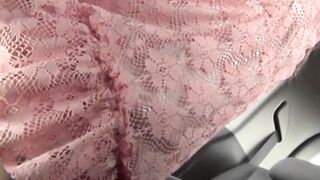 Bladder bursting ladies fill a plastic cup while car moves