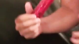 Bald mature man jerks off while riding a thick dildo