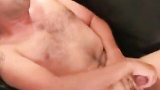 Bald mature man jerks off while riding a thick dildo