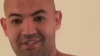 Bald mature man jerks off while riding a thick dildo