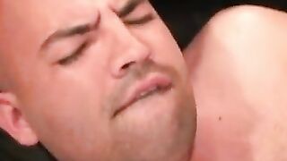 Bald mature man jerks off while riding a thick dildo