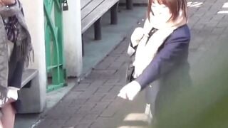Japanese schoolgirl teens are teasing each other while peeing