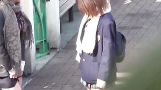 Japanese schoolgirl teens are teasing each other while peeing
