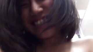 Petite Japanese chick worships plastic dick and sits on it POV