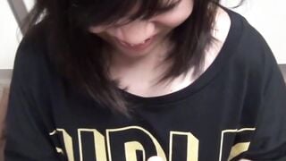 Petite Japanese chick worships plastic dick and sits on it POV