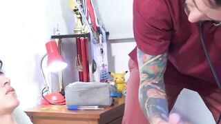 Mature doctor's ass drilled by big cock boy before HJ