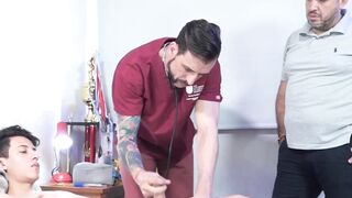 Mature doctor's ass drilled by big cock boy before HJ