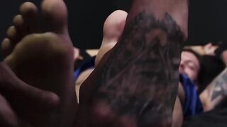 Bound athlete squeals through feet and body tickle