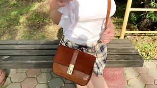 Student caught into the park! She walks with the ass plug and fucks herself with a toy! - CreamySofy