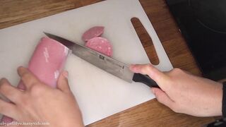 I stretch my 18yo vagina with humongous sausage. My lips grip, it's the humongous thing I ever took. It makes me orgasm. Odd insertion, food porn, teenager.
