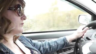 Squirting into vehicle. Goddess MILF Mom stops vehicle on side of road, masturbates twat, gets strong soak orgasm. Squirt