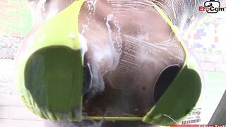 Blonde Cougar with beautiful huge titted make a sexy carwash before sex