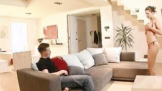Dark Hair into Cutie panties deep throats and takes long cock