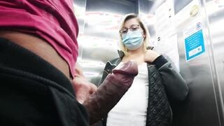 I take my dick out discreetly inside the elevator of the hotel, this young bourgeois has meeting everything she is shocked to got into this elevator