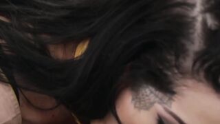 Tatted Katrina Jade kneels and swallows my thick cock