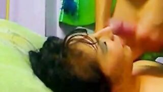 Webcam girl sucks balls, gets a facial and cum in mouth.