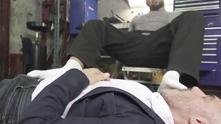 Mechanic dom wrestles hunk down for sweaty foot worship