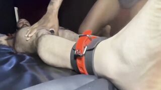 Bound hairy sub squeals under black tickler's cruel fingers