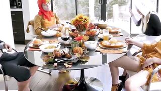 Thanksgiving cosplay orgy ends in messy facials
