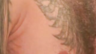 Tattooed hairy amateur strokes his cock hard and cums