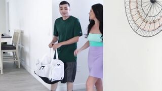 Beautiful Theodora Day takes on stepbros gigantic cock by riding him raw