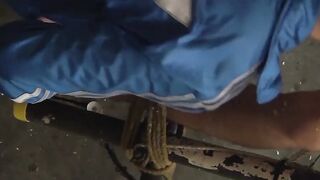 Blond sub restrained for painful hot wax body art