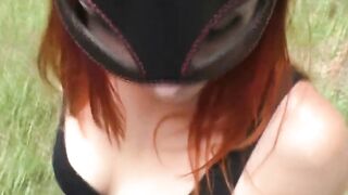 BDSM Blowjob in the Woods by Kinky Redhead in Leather Mask Hoe 2