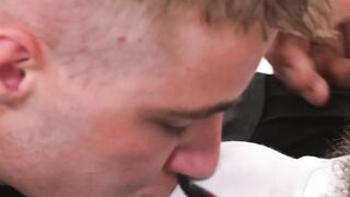 Sub Noah White joins orgy with three hunk DILFs pounding