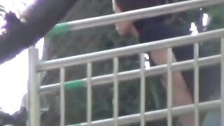 Voyeur spots babe peeing on stairs and flees in wet skirt