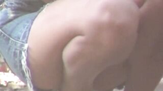 Voyeur spots babe peeing on stairs and flees in wet skirt