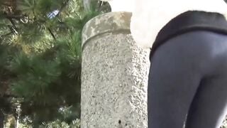 Restrained Asian girl peeing in pants unable to undress