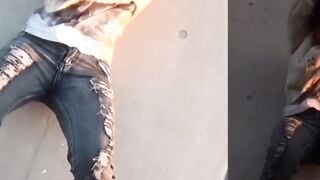 Restrained Asian babes peeing down pant legs
