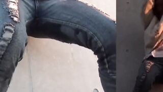 Restrained Asian babes peeing down pant legs
